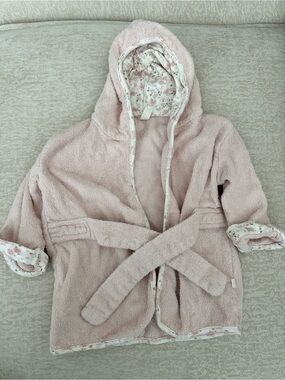Kids' Hooded Pink Terry Wrap Jacket with Floral Trim